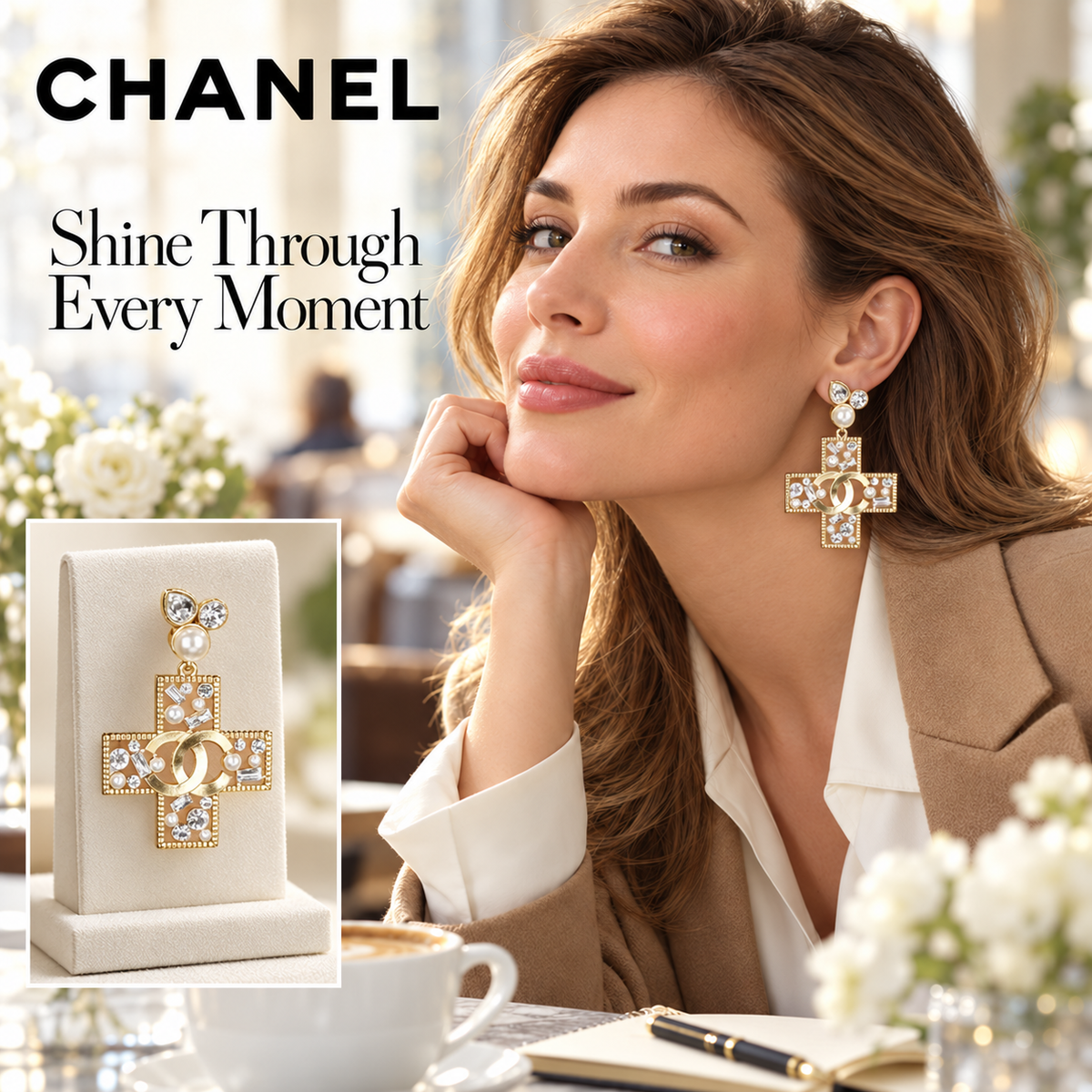 CHANEL Gold-Tone CC Cross Drop Earrings with Pearl-Effect Accents