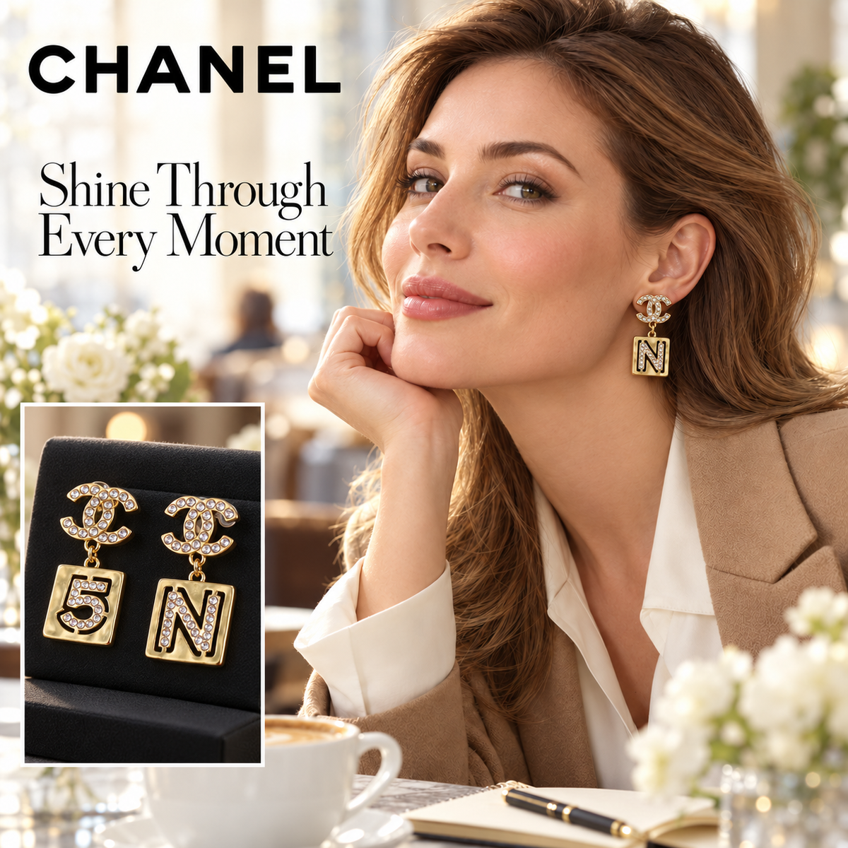CHANEL Gold-Tone Sparkling CC Earrings with N and 5 Square Drops