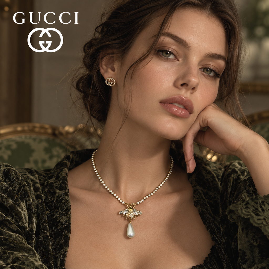 GUCCI Bee Pearl Drop Pendant Necklace