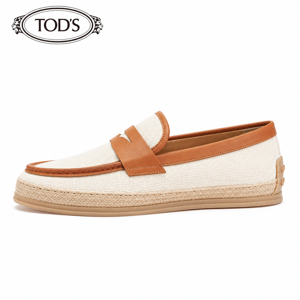 TOD'S #304 Cream & Tan Leather-Trim Penny Loafers