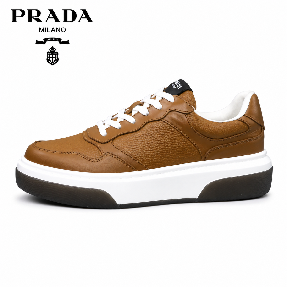 Prada Downtown Pebbled Leather Court Sneakers — Tan / Black / Black Grey / Black Navy