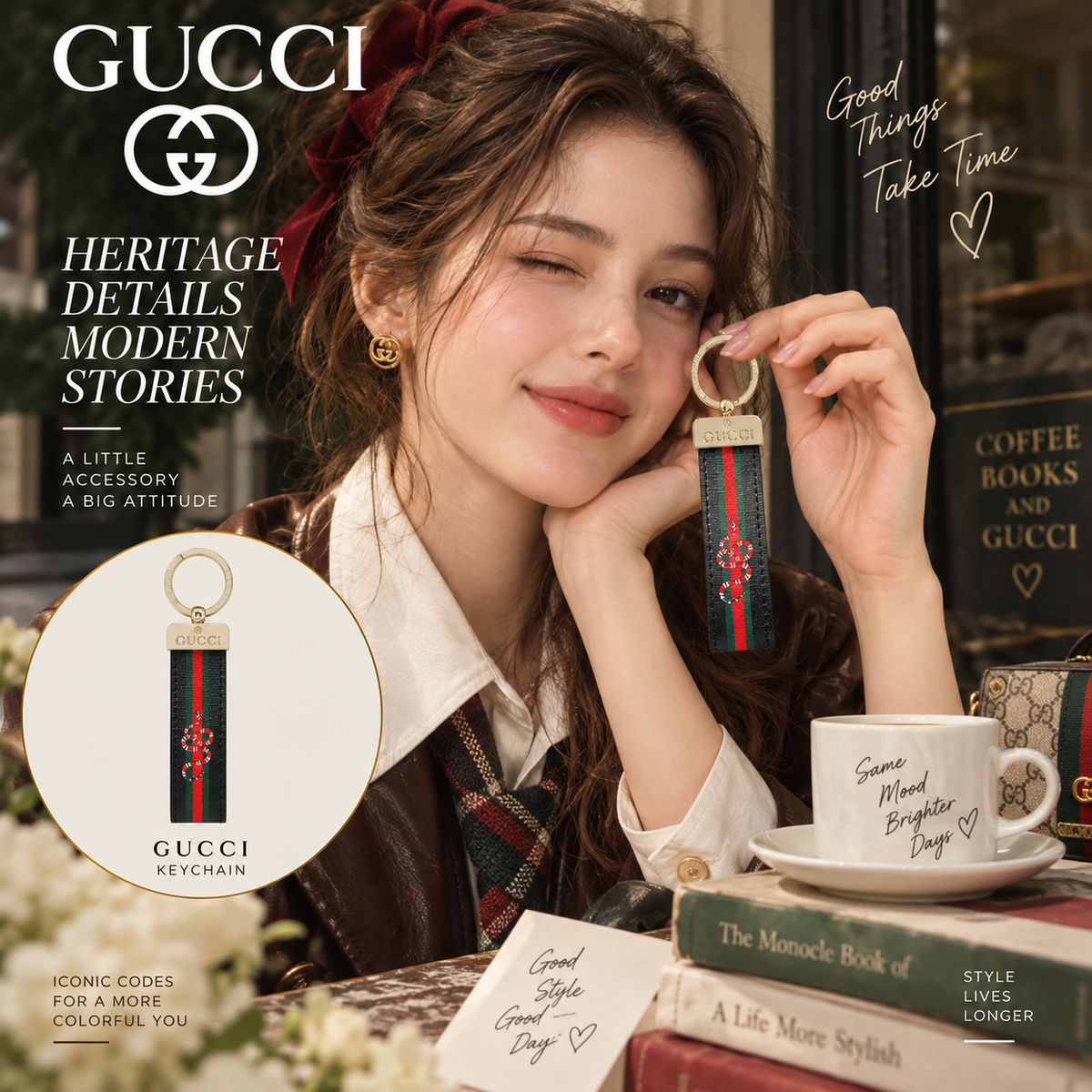 GUCCI Canvas Metal Logo Bag Charm Keychain