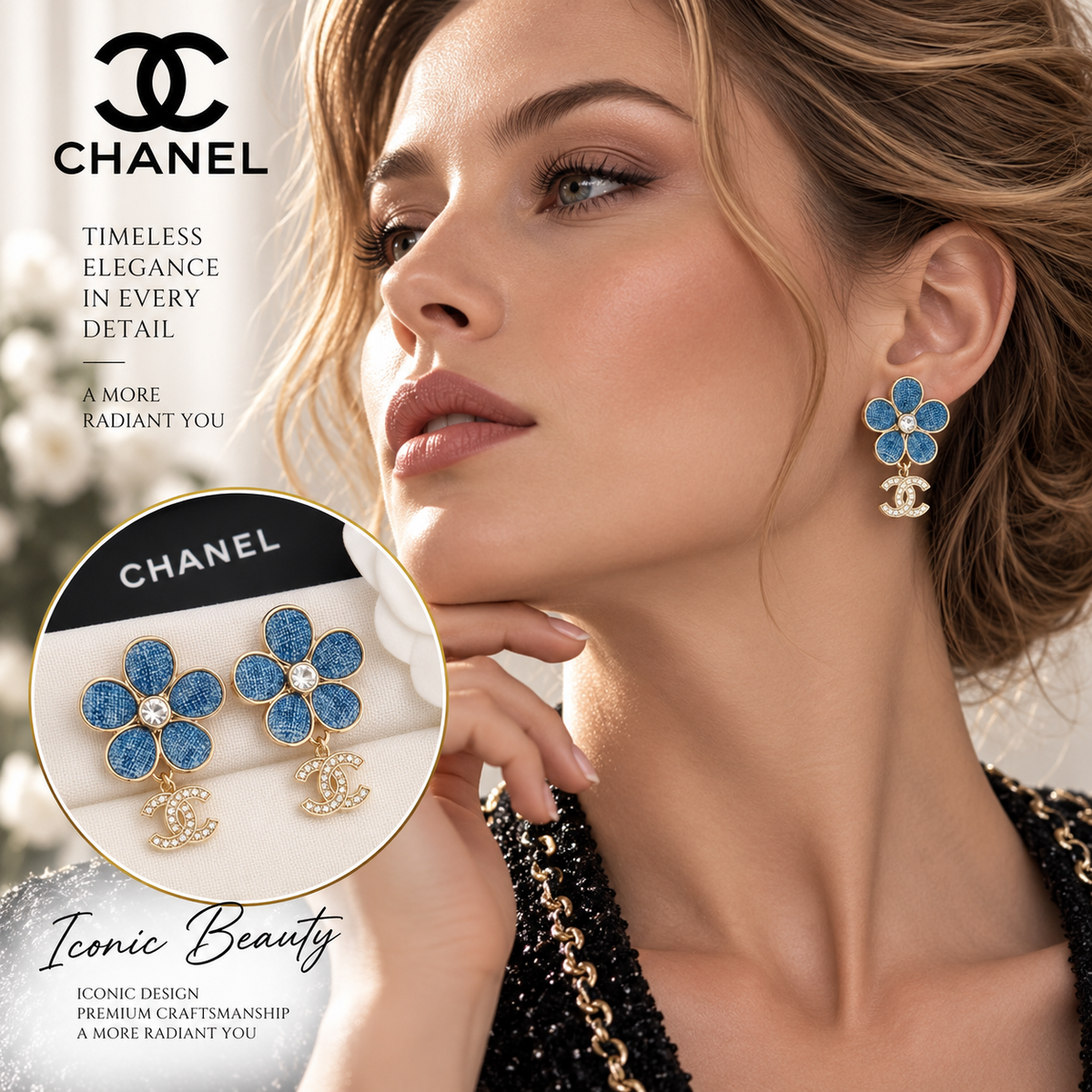CHANEL P65 Denim Blue Flower Earrings with Crystal CC Charm