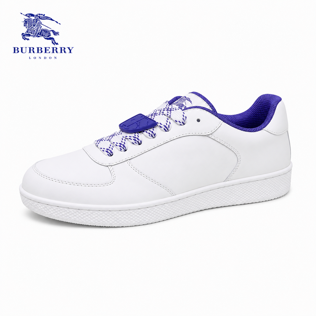 Burberry Box Low-Top Sneaker — Clean White, Cobalt Purple Accents
