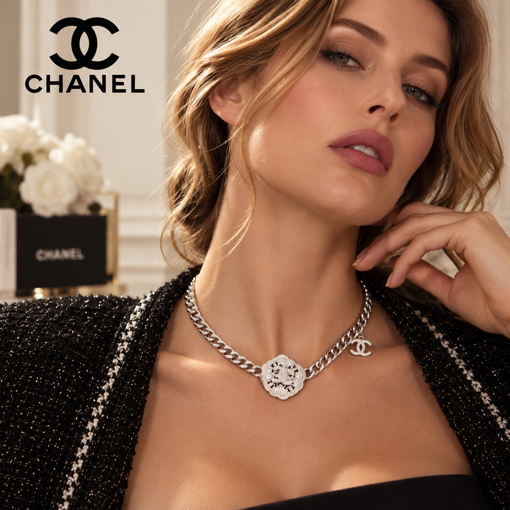 CHANEL Silver-Tone Floral Double-C Choker