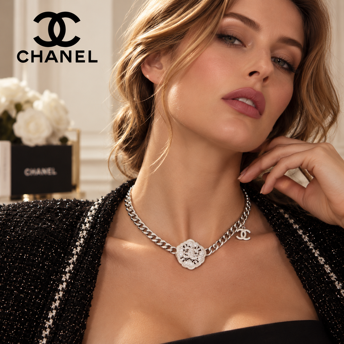 CHANEL Silver-Tone Floral Double-C Choker
