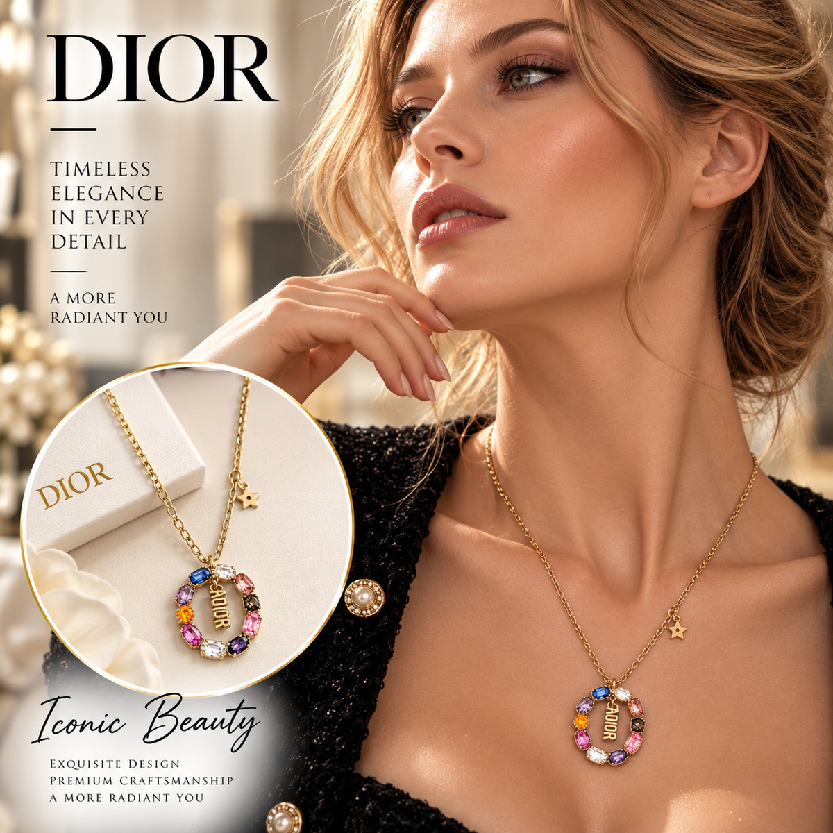 DIOR Gold-Tone Multicolor Crystal Oval D Pendant Necklace