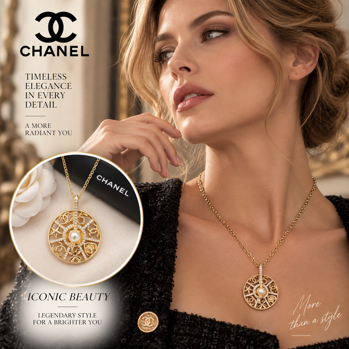 CHANEL Gold-Tone Openwork Medallion Pearl Pendant Necklace