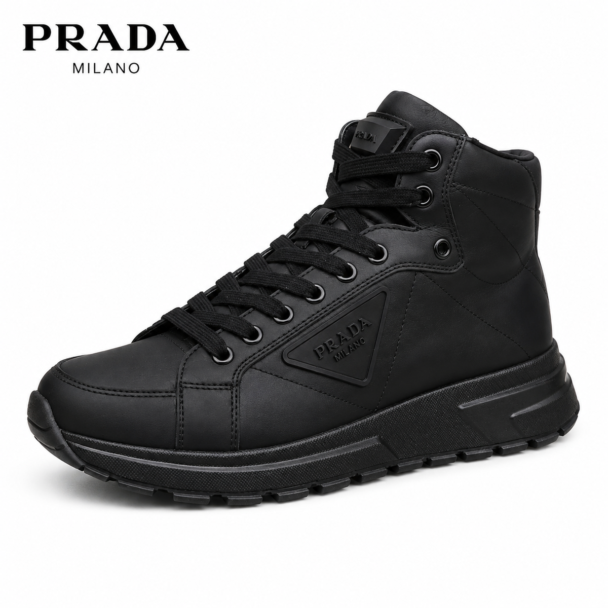 Prada Leather High-Top Sneaker — Triangle Logo, All-Black