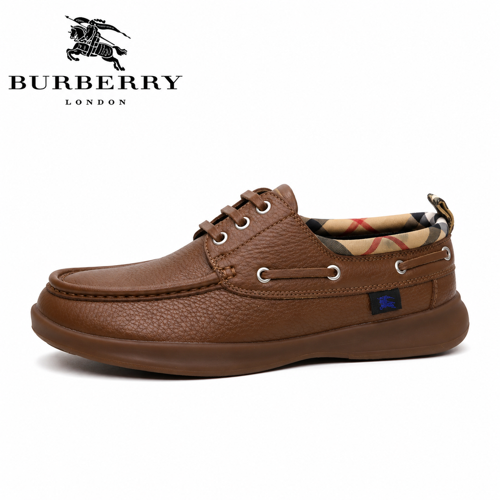 Burberry Pebbled Leather Boat Shoes with Check Lining