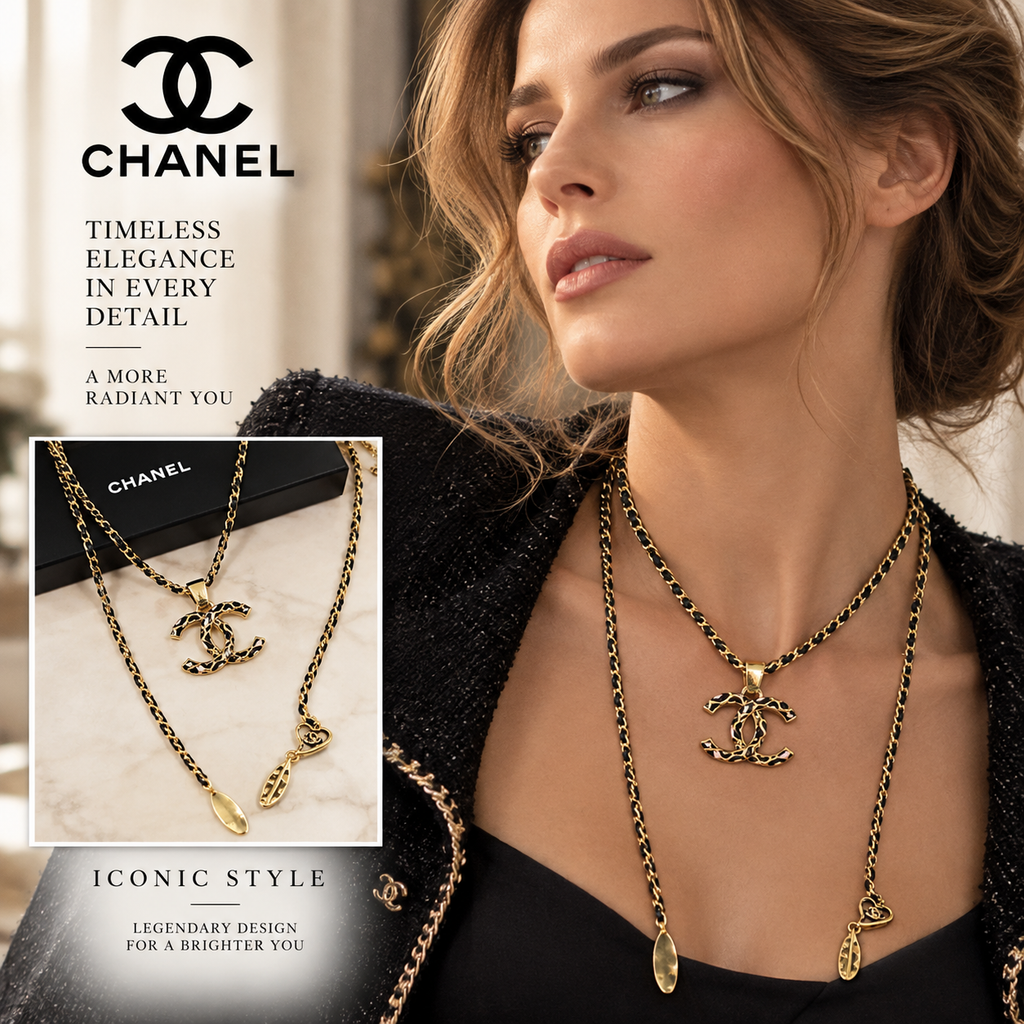 CHANEL Long Gold-Tone Chain Necklace with Textured CC Pendant