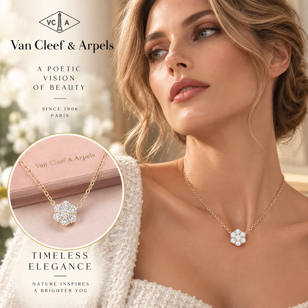 VAN CLEEF & ARPELS Rose Gold-Tone Crystal Clover Flower Pendant Necklace