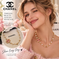 CHANEL Vintage Pearl Chain Necklace with Pink Enamel CC Medallion