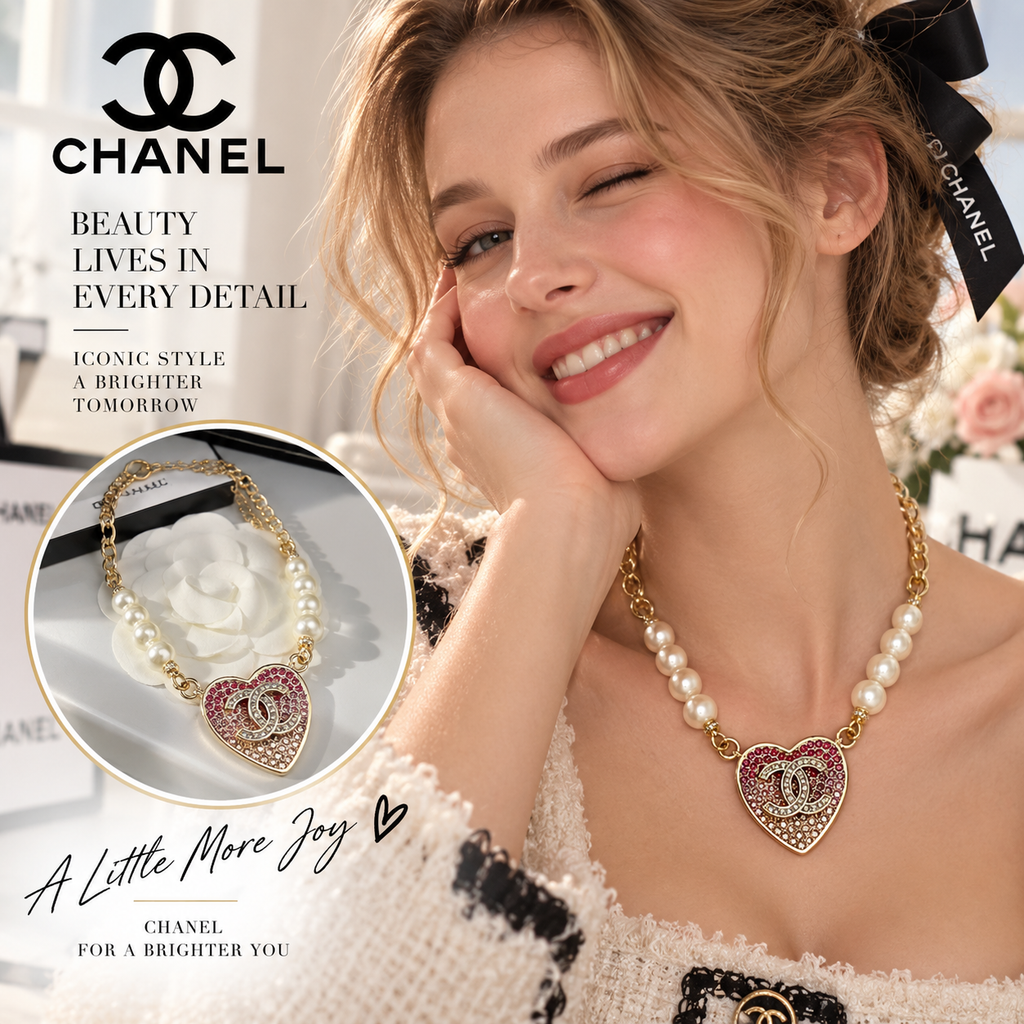 CHANEL P80 Pearl & Gold Chain Necklace with Crystal Heart CC Pendant