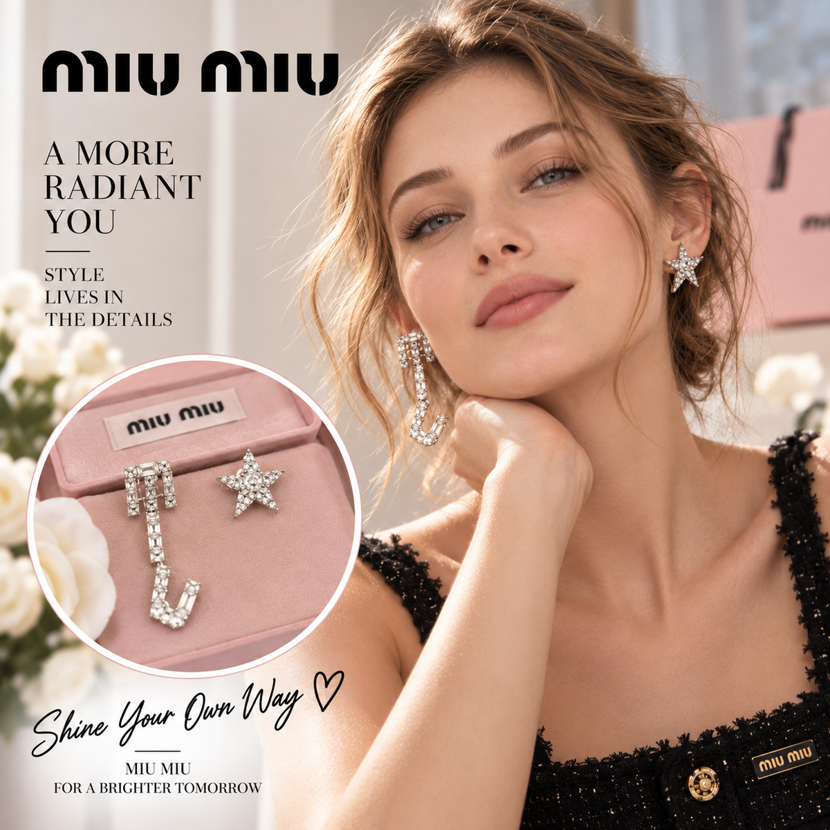 MIU MIU Crystal Star Asymmetric Statement Drop Earrings