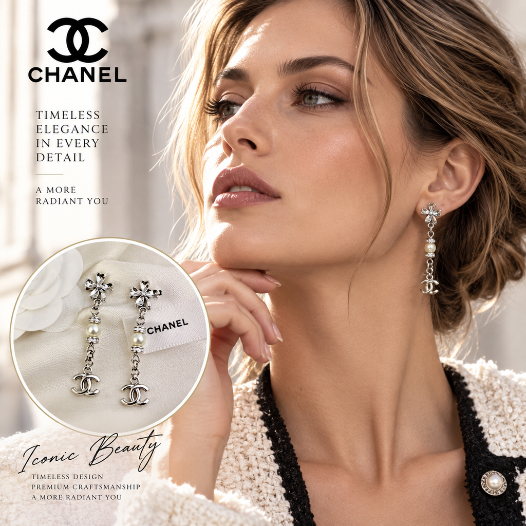 CHANEL Pearl Crystal Clover Earrings - Tassel Detail