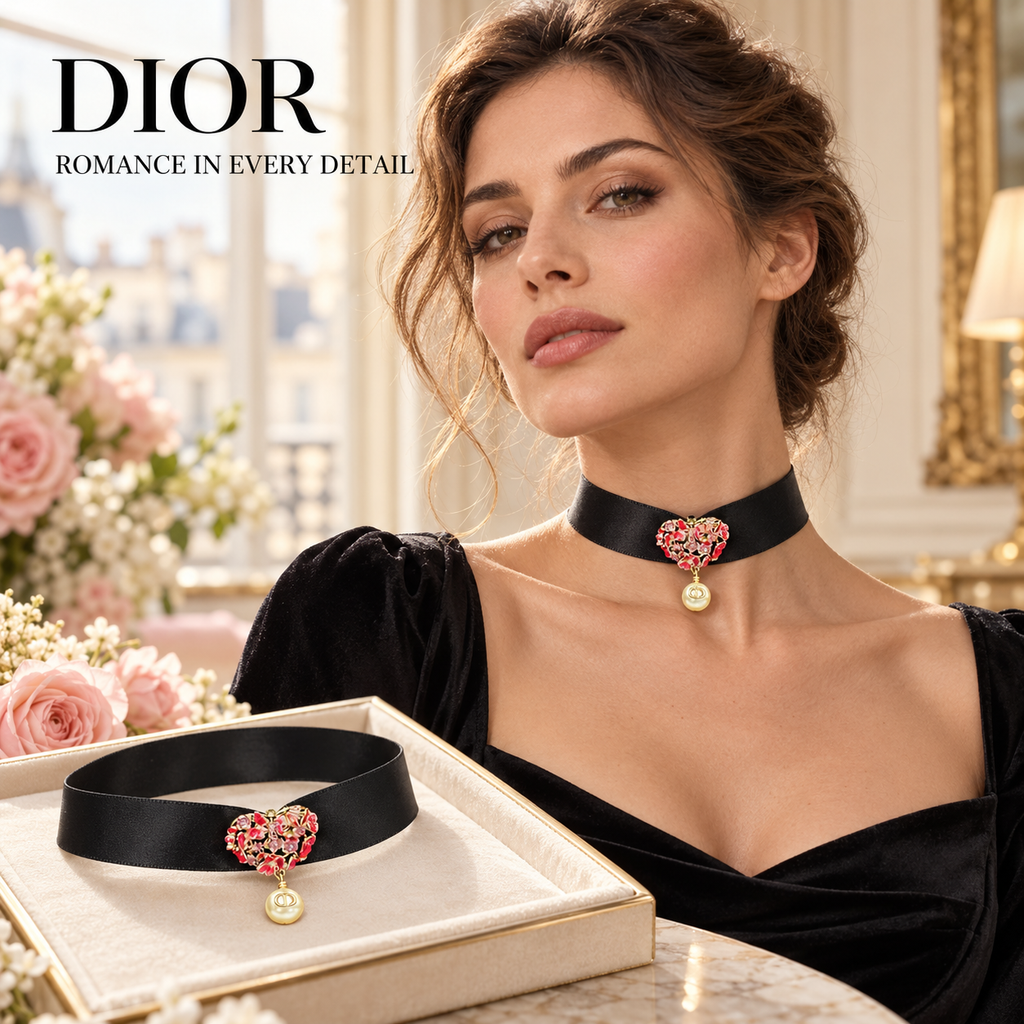 DIOR Black Ribbon Choker with Floral Heart and Pearl-Effect Drop