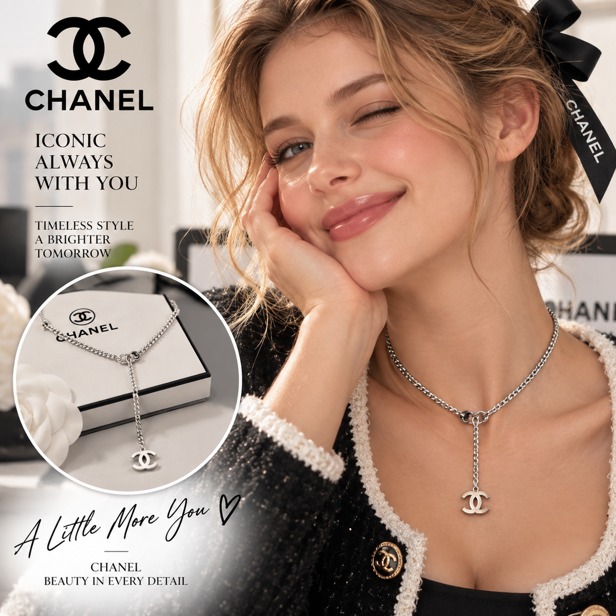 CHANEL P75 Silver-Tone Beaded Y-Drop Necklace with White CC Pendant