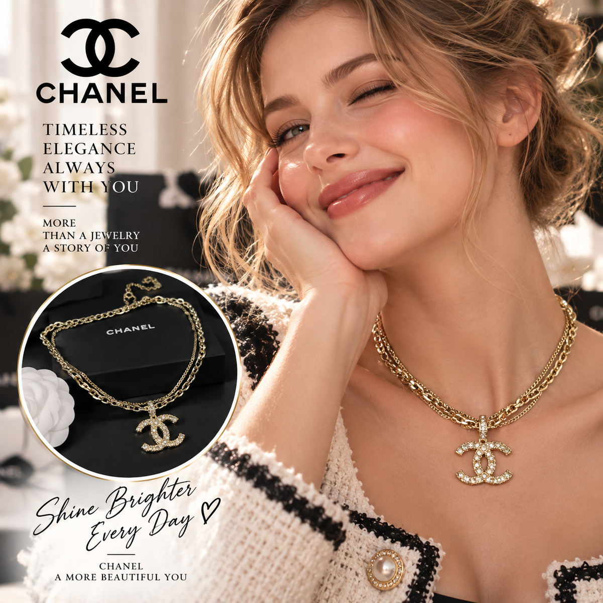 CHANEL P85 Gold-Tone Double Chain Necklace with Oversized Crystal CC Pendant