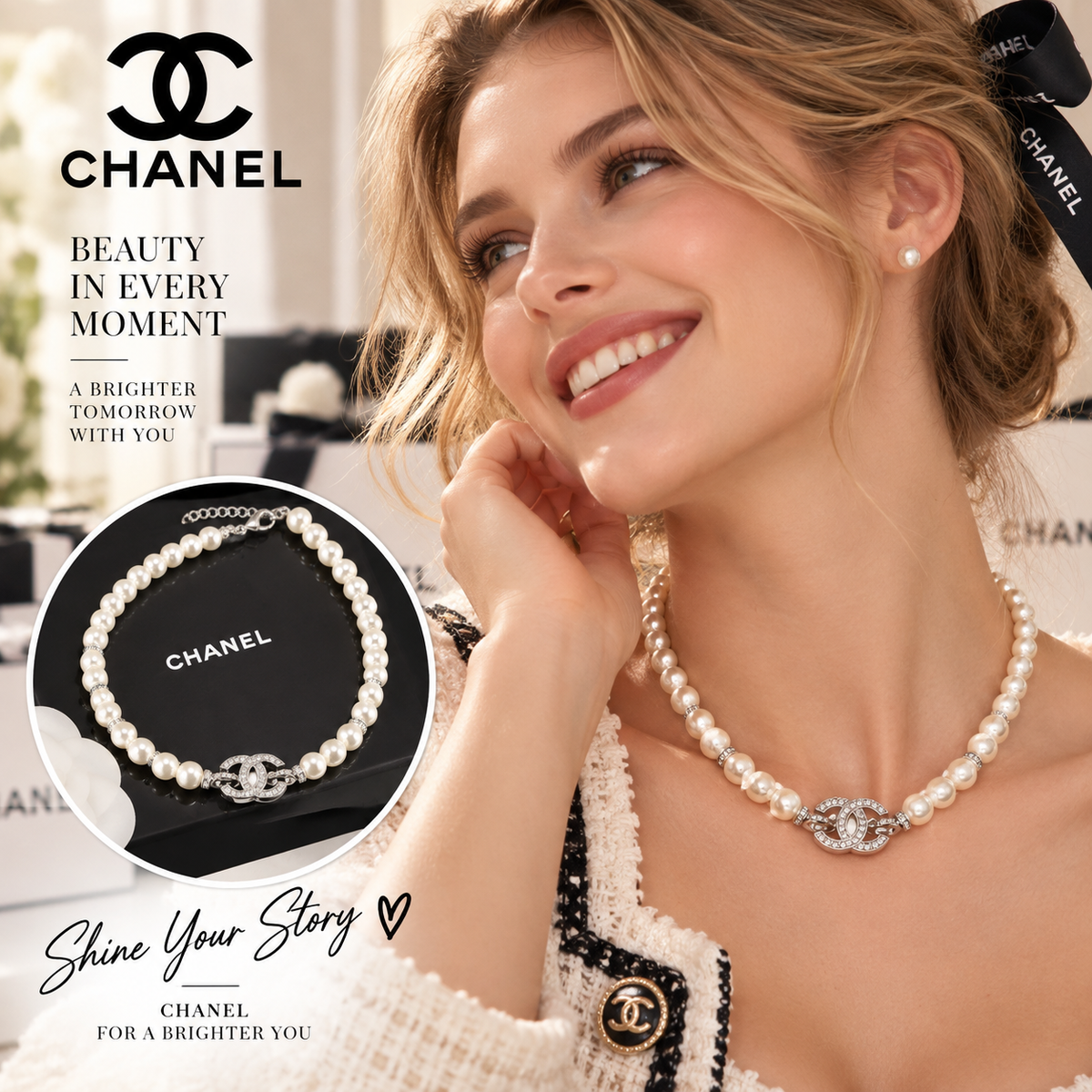 CHANEL Pearl Choker Necklace with Crystal CC Centerpiece
