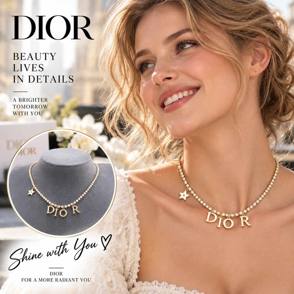 DIOR Gold-Tone Crystal Tennis Chain Necklace with Letter Charms