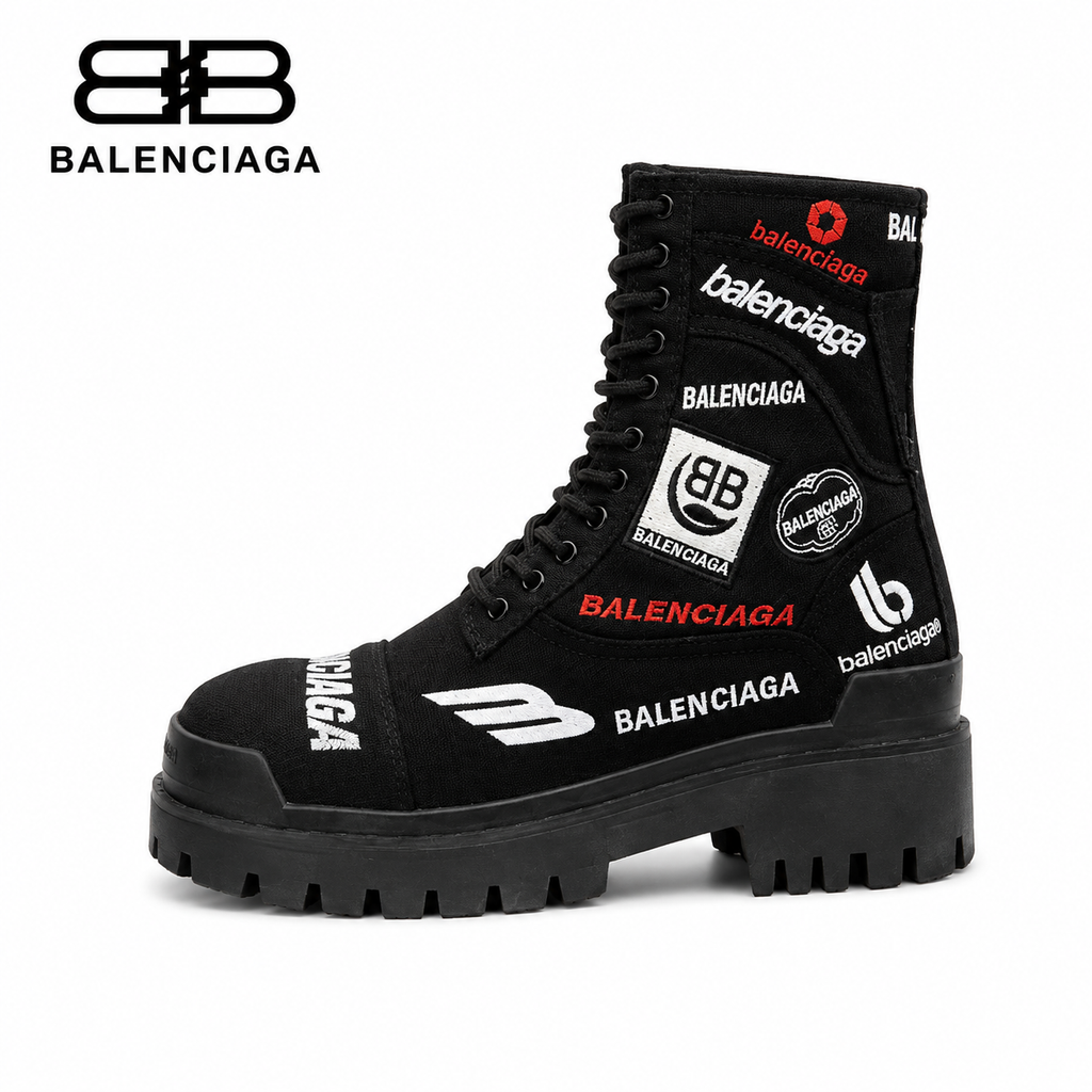 Balenciaga Logo-Print Canvas Combat Boots #01