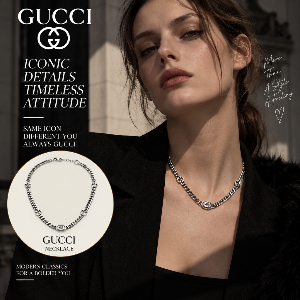 GUCCI Silver-Tone Cuban Chain Necklace with Black Enamel Interlocking G Plaque