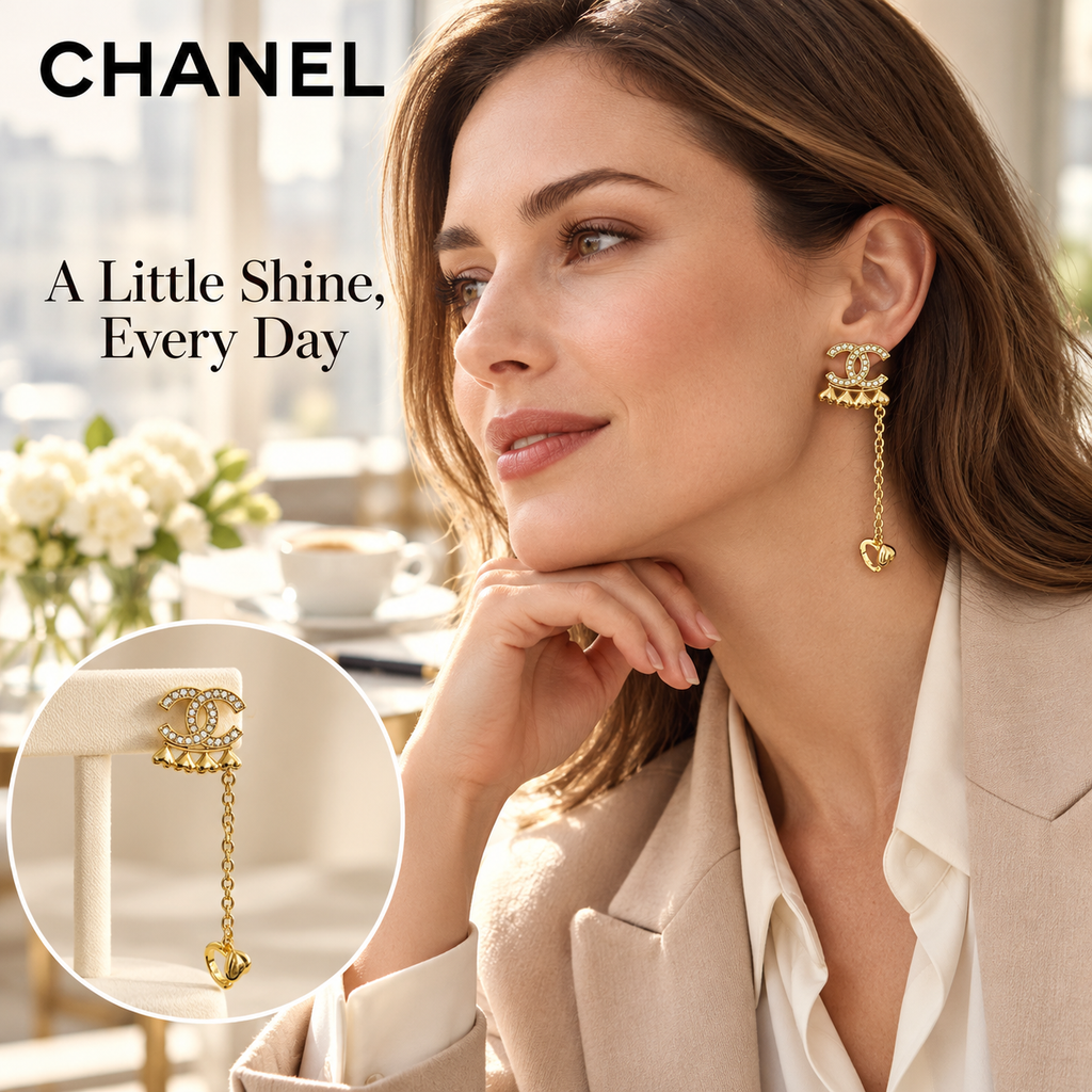 CHANEL Gold-Tone Asymmetric CC Heart Chain Earrings with Ear Cuff