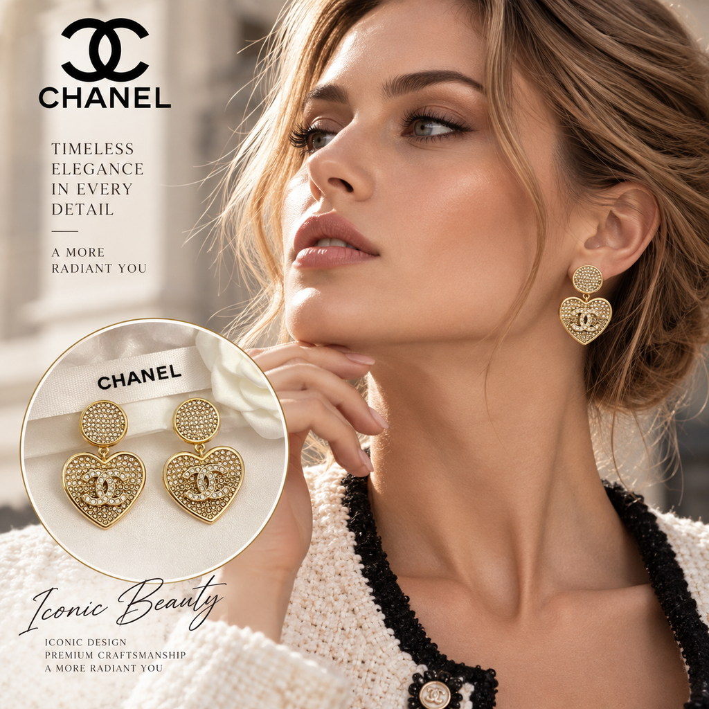 CHANEL Crystal Double-C Heart Earrings - Elegant Jewelry