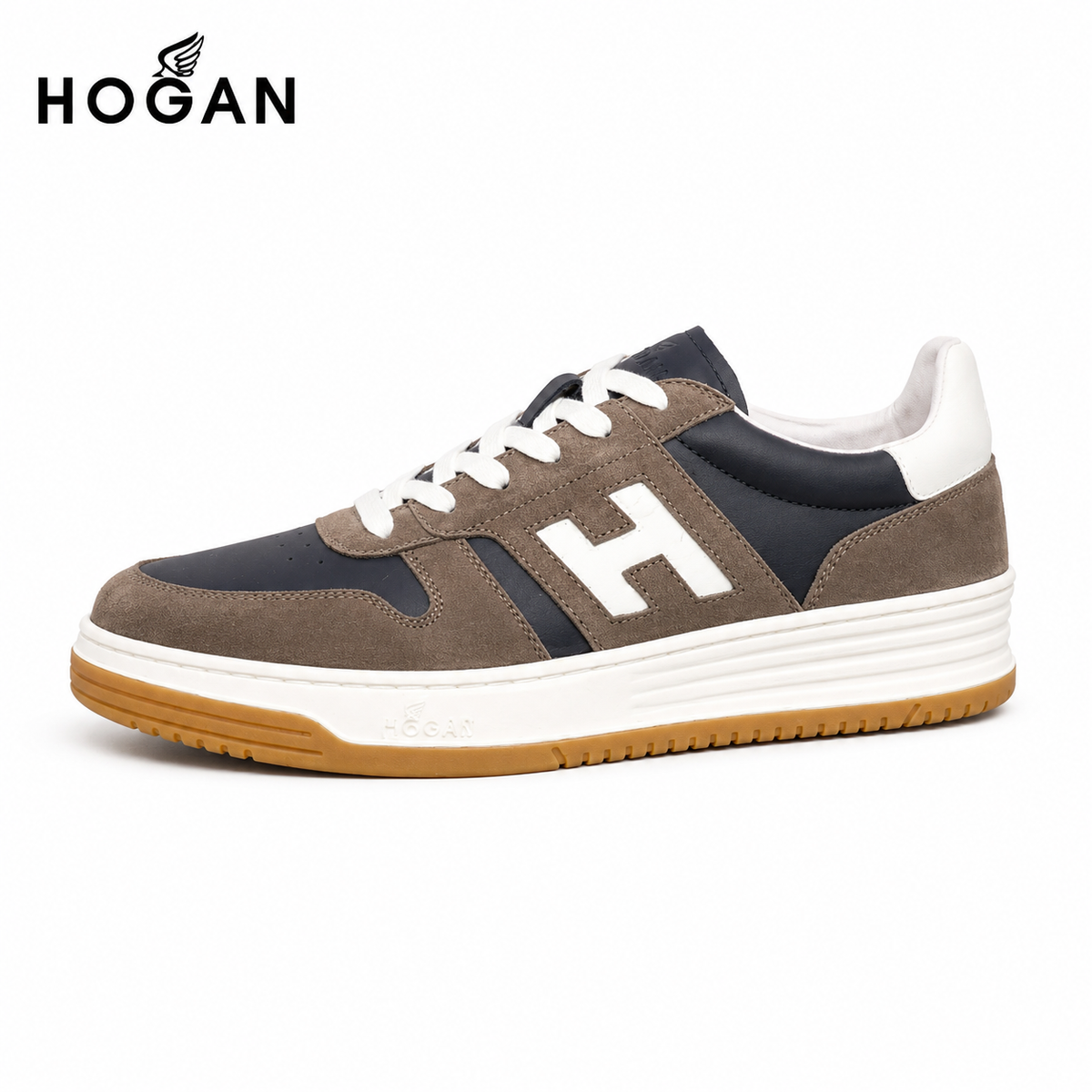 Hogan H630 Low-Top Sneaker — Mixed Materials, Appliqué H, 4 Colors