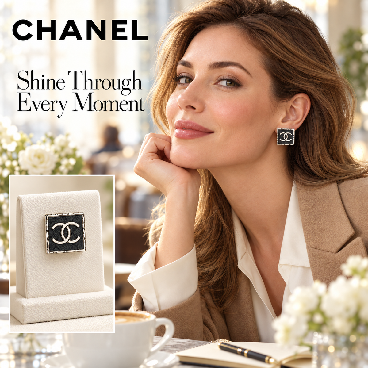 CHANEL Black Square CC Stud Earrings with Gold-Tone Frames