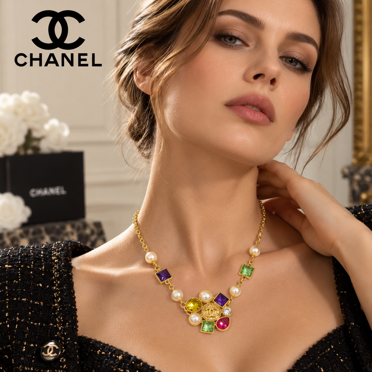 CHANEL P75 Pearl Gold-Tone Chain Necklace