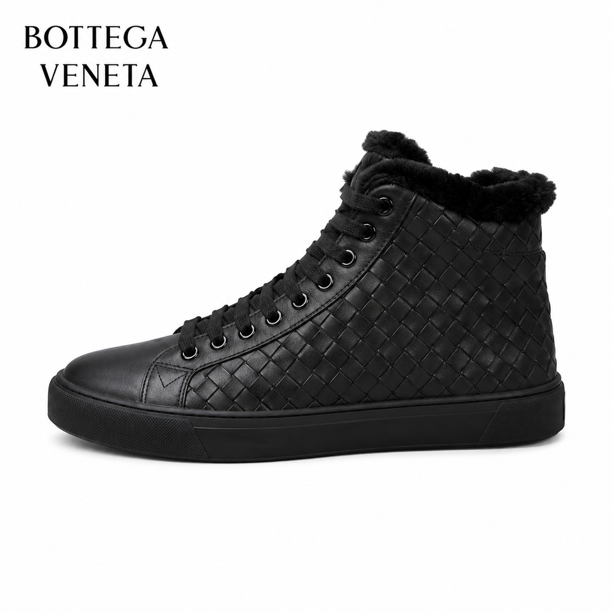 Bottega Veneta Intrecciato High-Top Sneaker Boot — Shearling Collar, 3 Colors