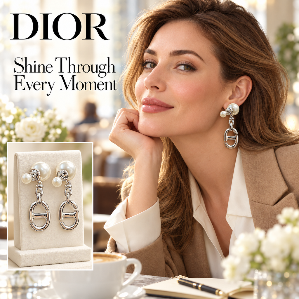 DIOR Silver-Tone CD Drop Earrings with Pearl-Effect Beads