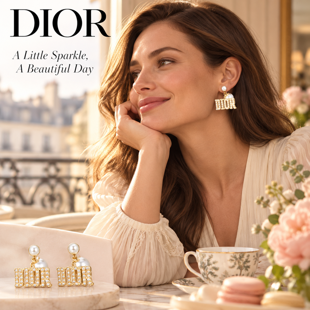 DIOR Gold-Tone Double Pearl-Effect Earrings with Letter Drops
