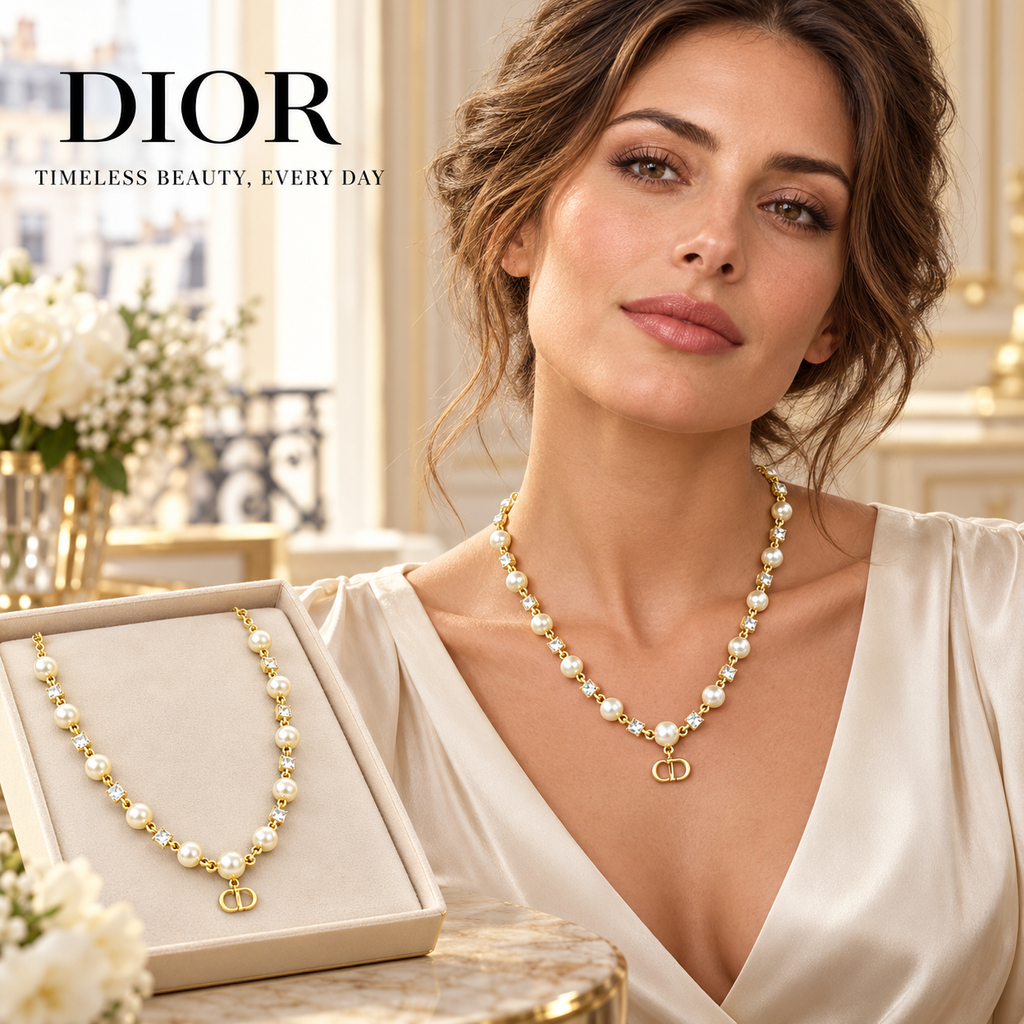 DIOR Pearl-Effect Necklace with Sparkling Accents and CD Pendant