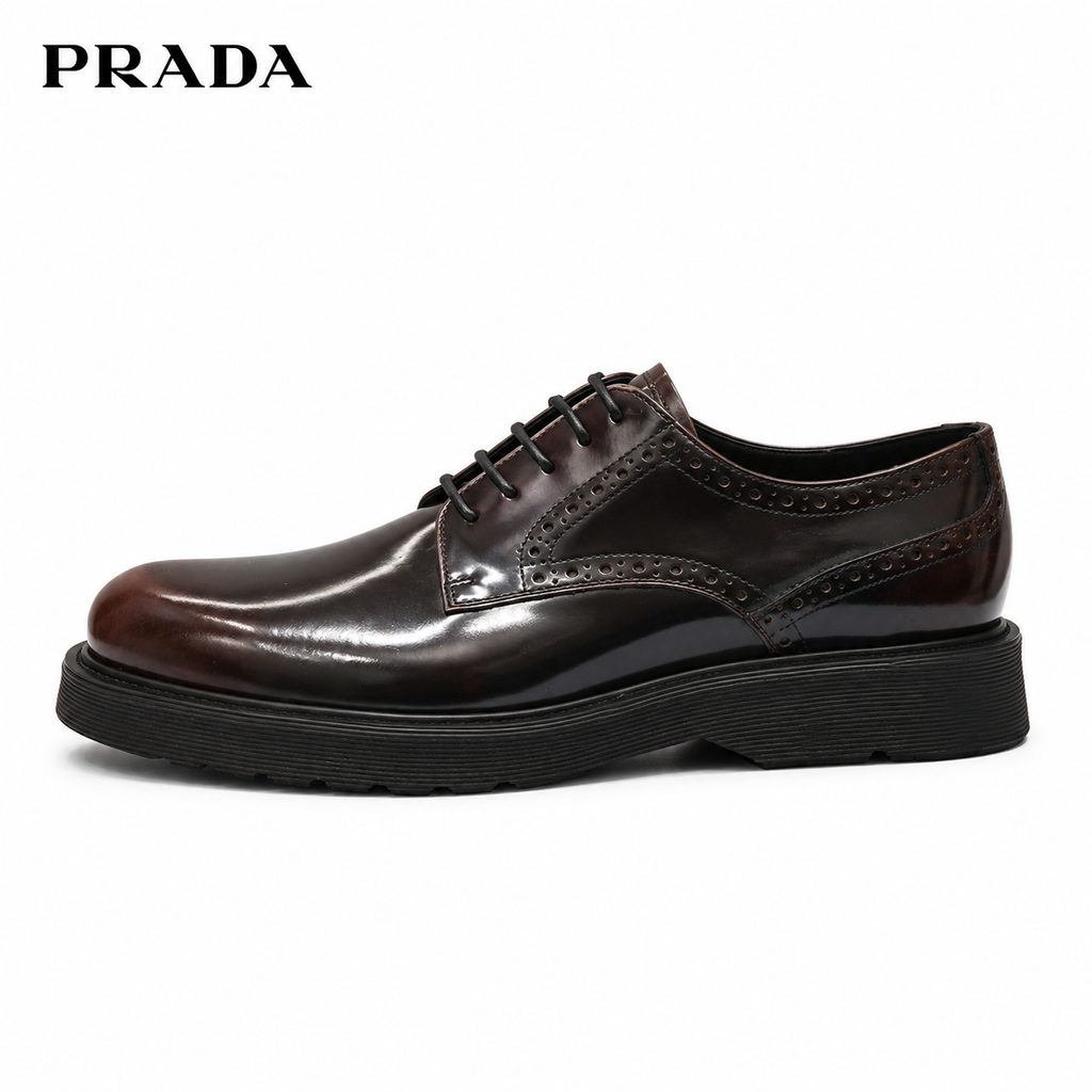 Prada Full-Brogue Derby — Polished Leather, Lug Sole, 3 Colors