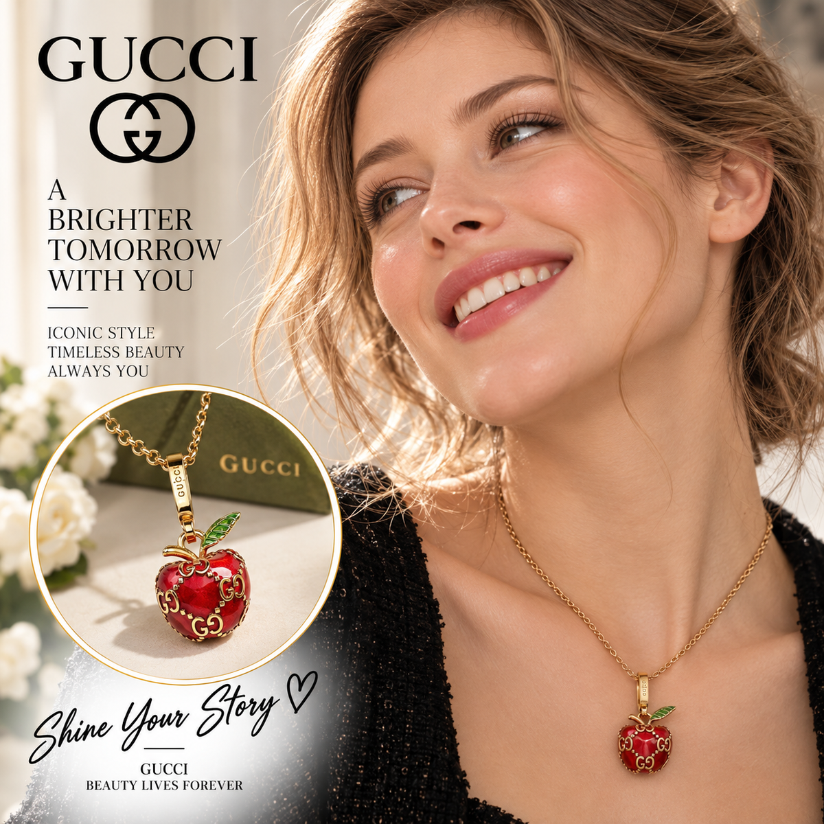 GUCCI Red Enamel GG Apple Pendant Necklace