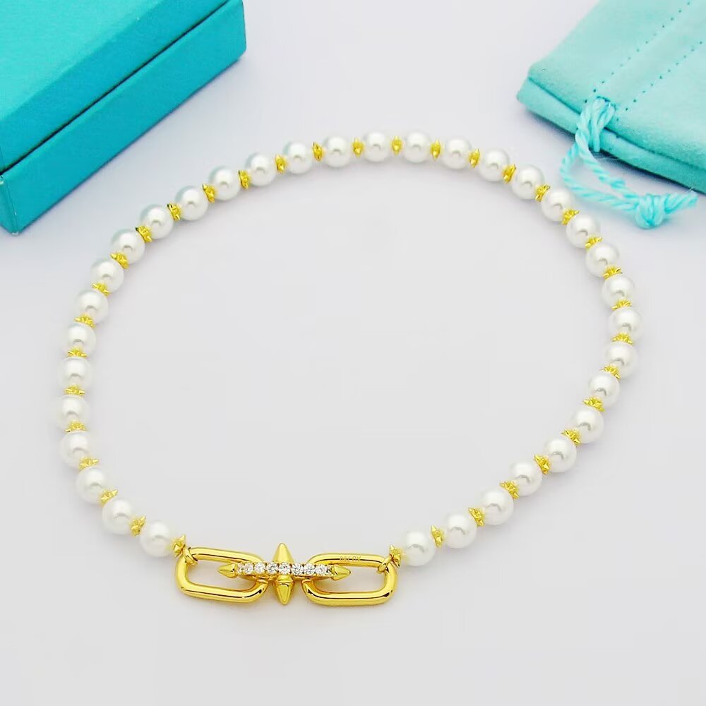 TIFFANY & CO. Pearl Gold-Tone Silver-Tone Necklace