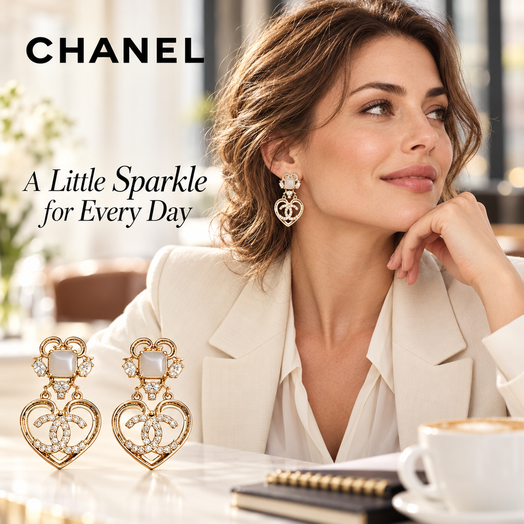 CHANEL Gold-Tone Open Heart Drop Earrings with Sparkling CC