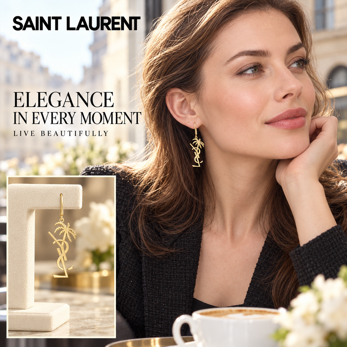 Saint Laurent Gold-Tone YSL Palm Tree Drop Earrings - P65