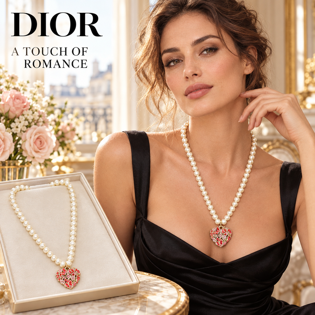 DIOR Pearl-Effect Necklace with Floral Heart Pendant