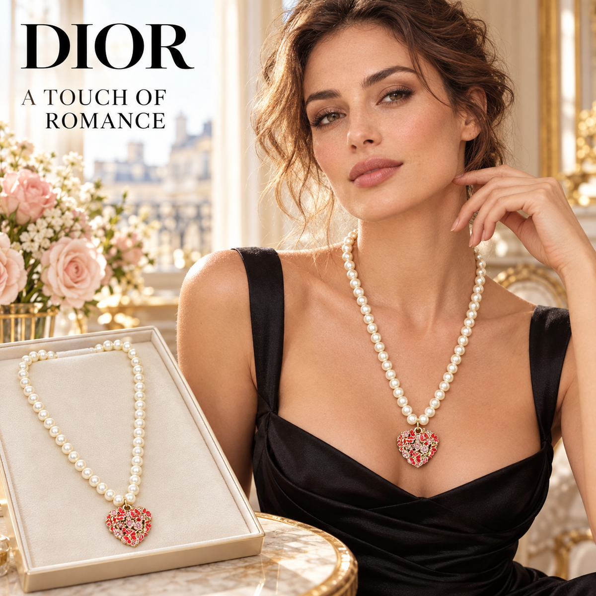 DIOR Pearl-Effect Necklace with Floral Heart Pendant
