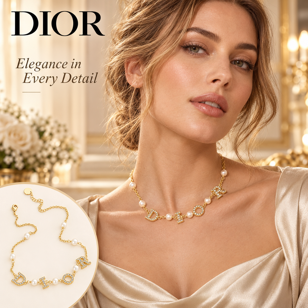 DIOR Gold-Tone Pearl-Effect Necklace with Sparkling Letters