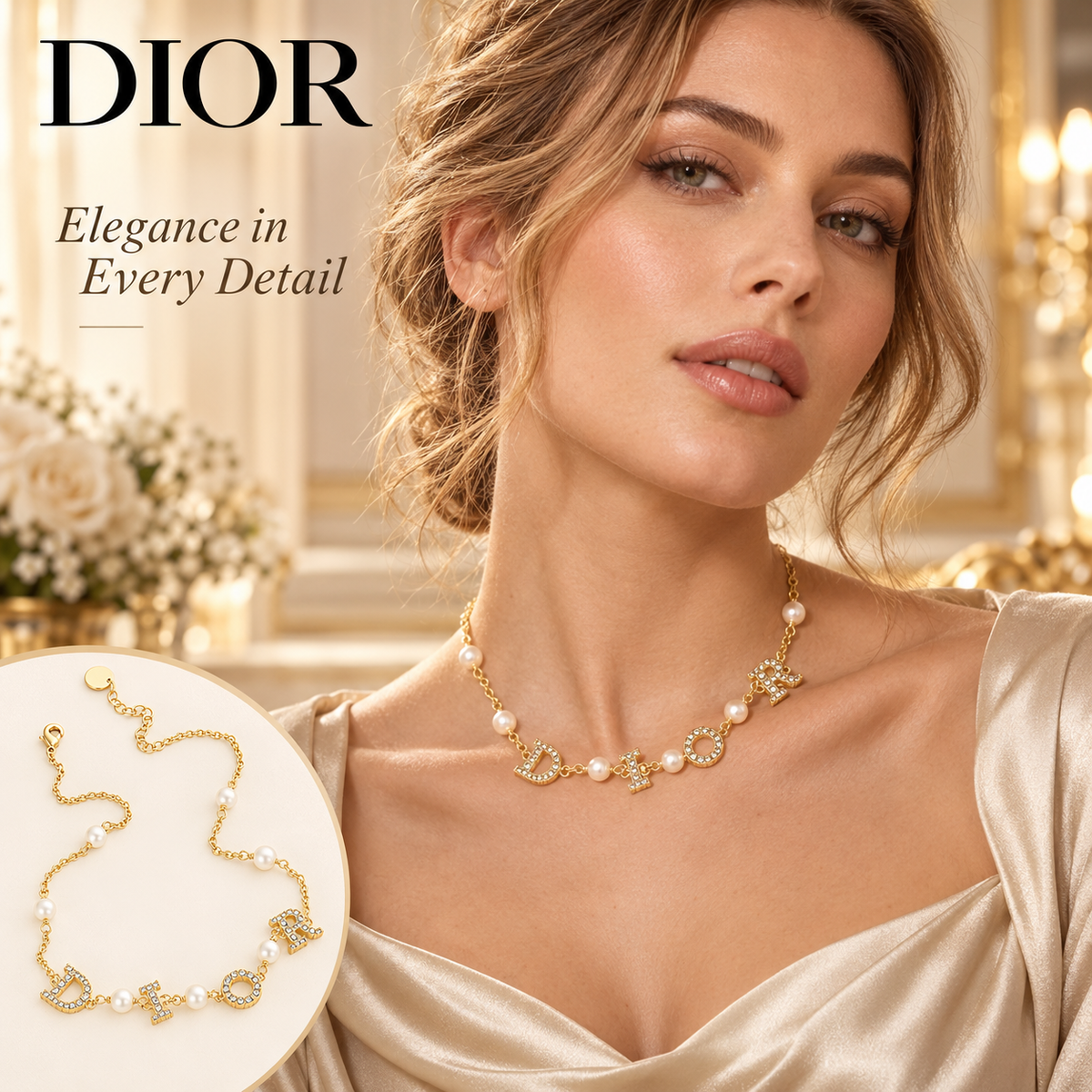 DIOR Gold-Tone Pearl-Effect Necklace with Sparkling Letters