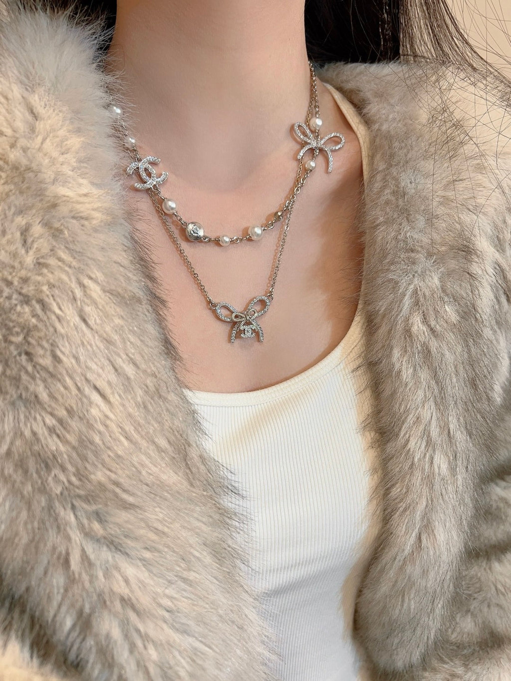 Pearl Double-C Bow Necklace