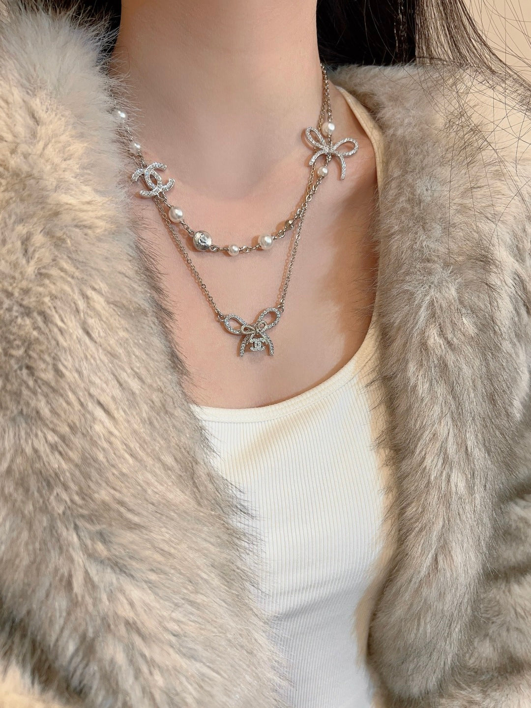 Pearl Double-C Bow Necklace