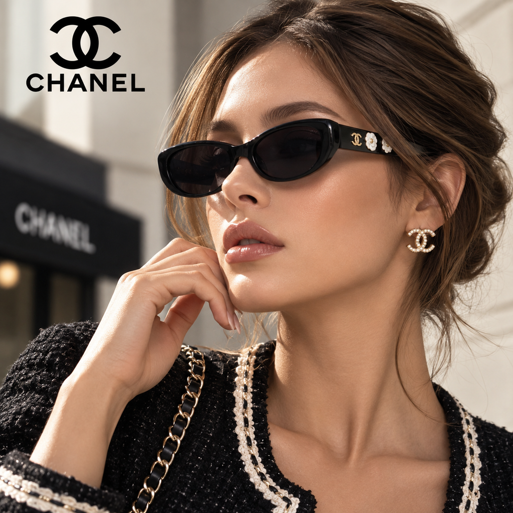 CHANEL Black Oval Sunglasses with Gold-Tone Accents