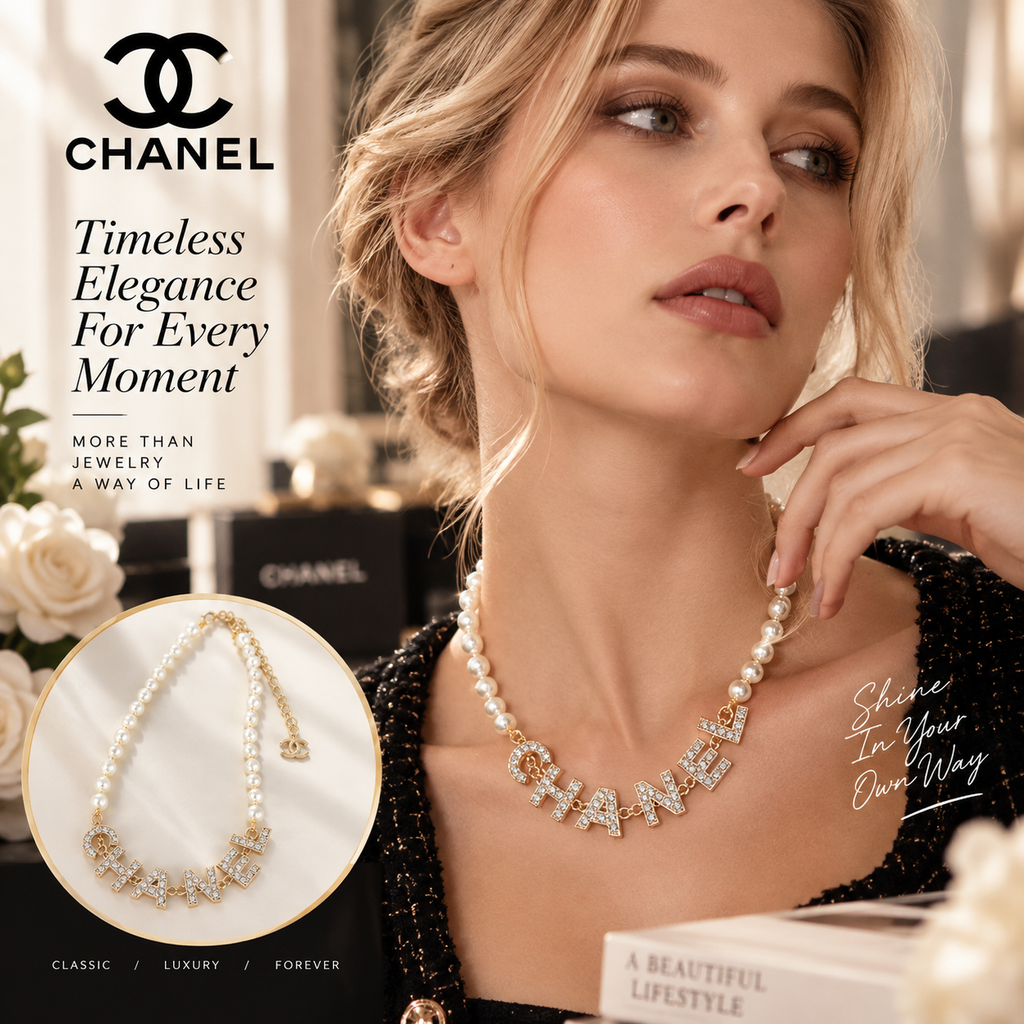 CHANEL Crystal Nameplate Pearl Necklace