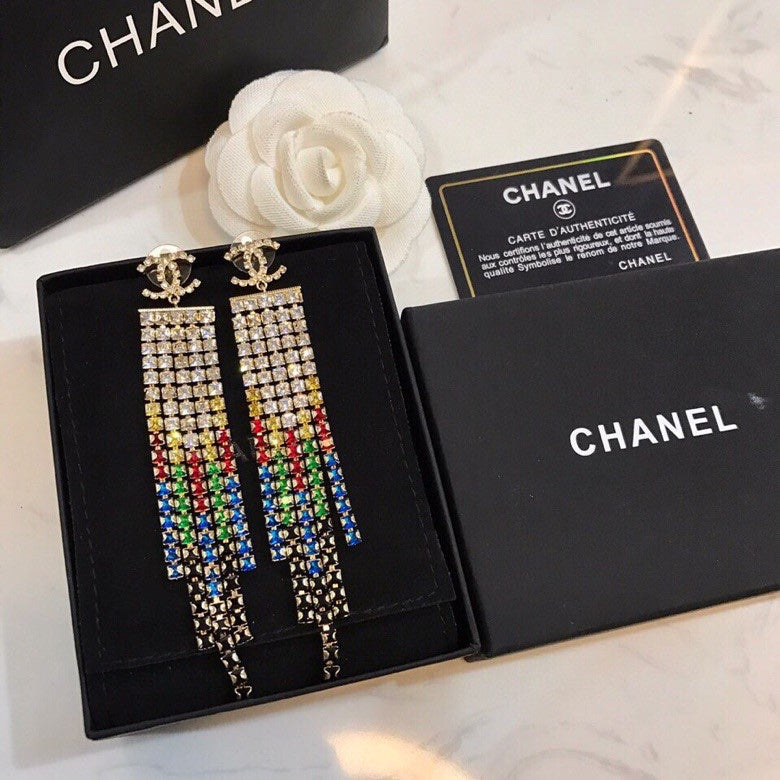 CHANEL Crystal Double-C Tassel Earrings